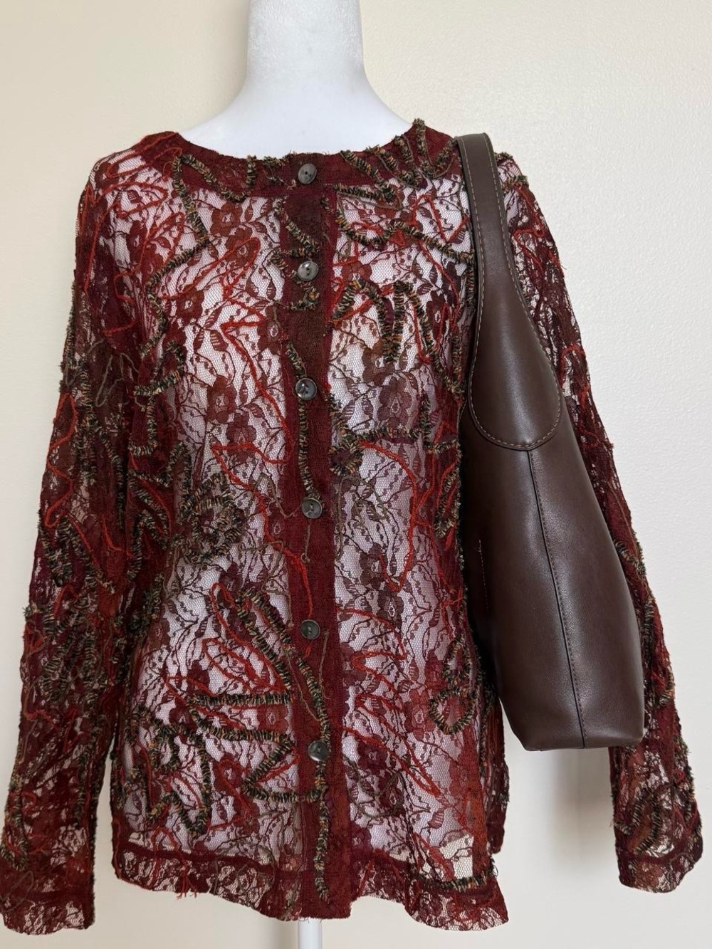 Boho romantic Chico's red floral lace blouse